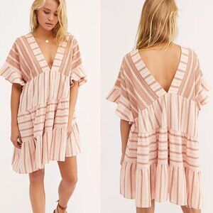 New! Free People Tan Brown Striped Cotton Living Tunic Mini Dress 20208